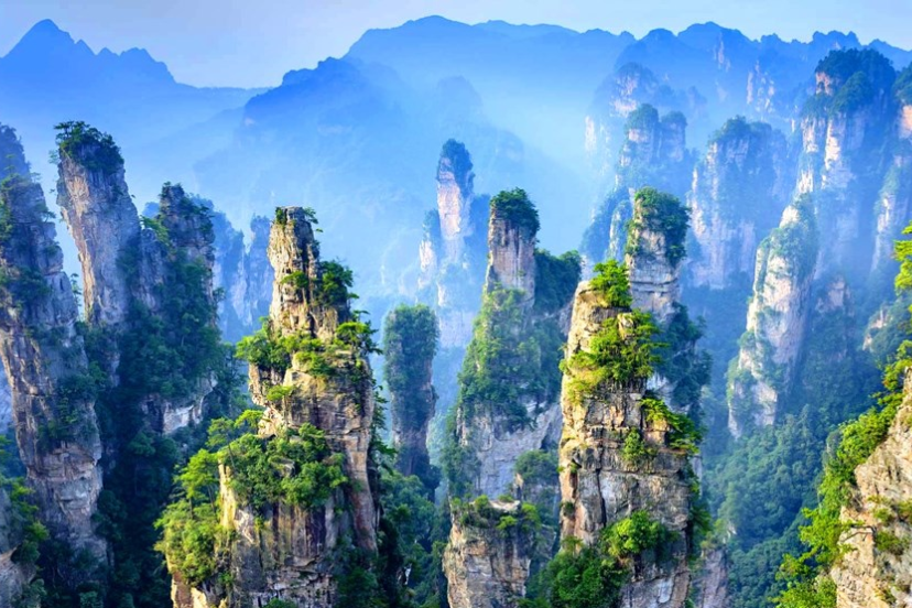 “Sandstone pillars of Zhangjiajie National Park rising through morning mist in China”